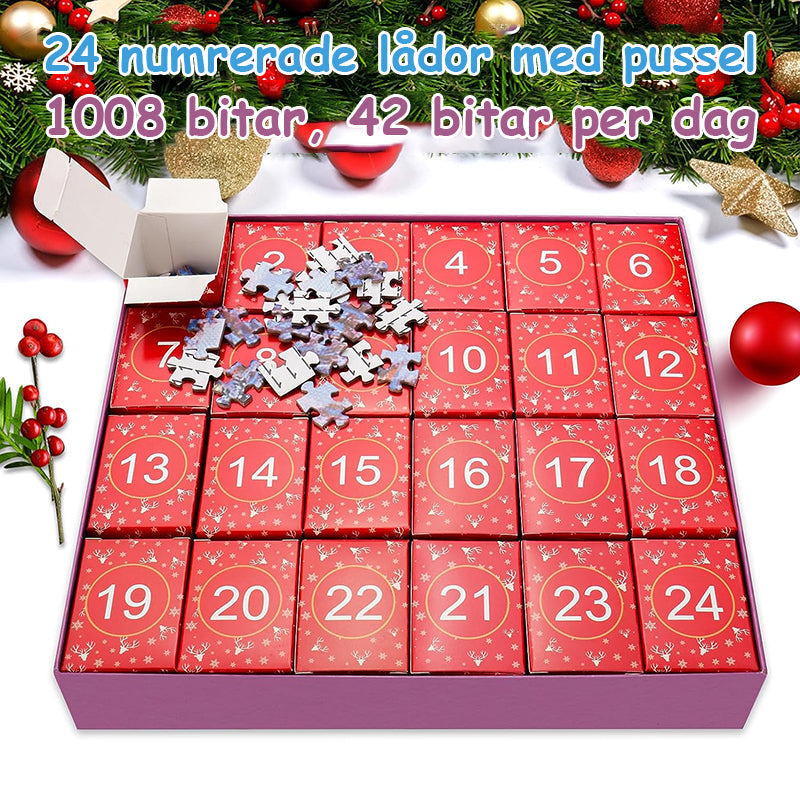 Julig blindlåda med pussel, jultema med snögubbar och granar, överraskande unik gåva, perfekt för julstämning.