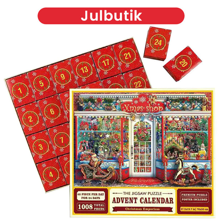 "Julig blindlåda med pussel, jultema med snögubbar och granar, överraskande unik gåva, perfekt för julstämning."