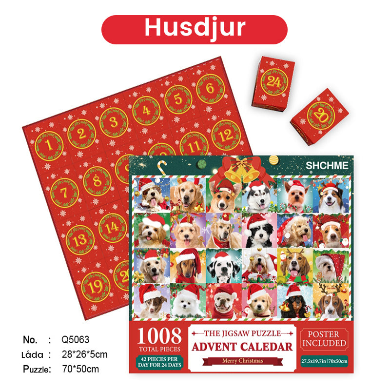 Julig blindlåda med pussel, jultema med snögubbar och granar, överraskande unik gåva, perfekt för julstämning.