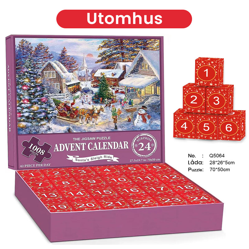 Julig blindlåda med pussel, jultema med snögubbar och granar, överraskande unik gåva, perfekt för julstämning.