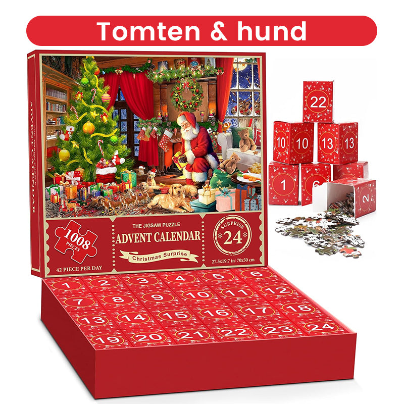 Julig blindlåda med pussel, jultema med snögubbar och granar, överraskande unik gåva, perfekt för julstämning.