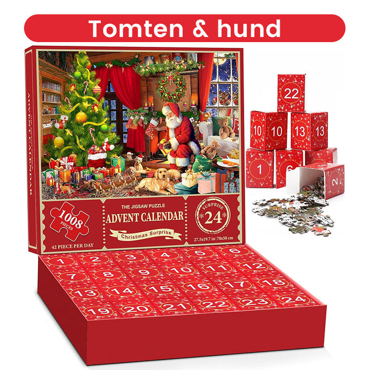Julig blindlåda med pussel, jultema med snögubbar och granar, överraskande unik gåva, perfekt för julstämning.