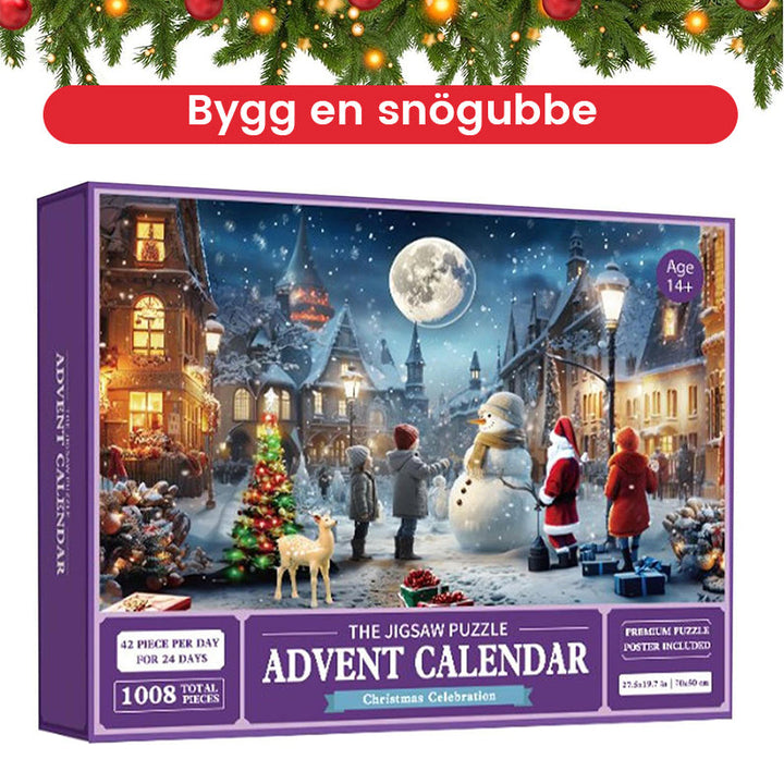 Julig blindlåda med pussel, jultema med snögubbar och granar, överraskande unik gåva, perfekt för julstämning.