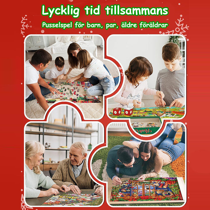 Julig blindlåda med pussel, jultema med snögubbar och granar, överraskande unik gåva, perfekt för julstämning.