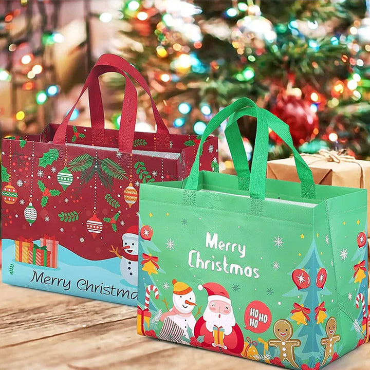 Julig presentpåse i ovävt tyg med slumpmässiga färgglada mönster, perfekt för julklappar, slitstark och återanvändbar accessoar.