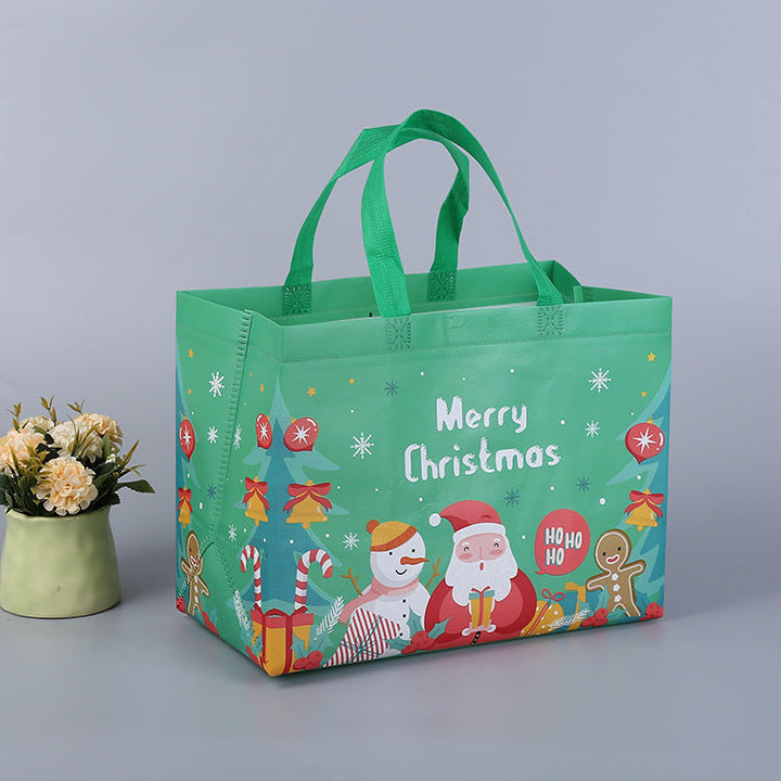 Julig presentpåse i ovävt tyg med slumpmässiga färgglada mönster, perfekt för julklappar, slitstark och återanvändbar accessoar.