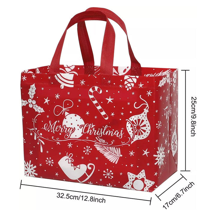 Julig presentpåse i ovävt tyg med slumpmässiga färgglada mönster, perfekt för julklappar, slitstark och återanvändbar accessoar.