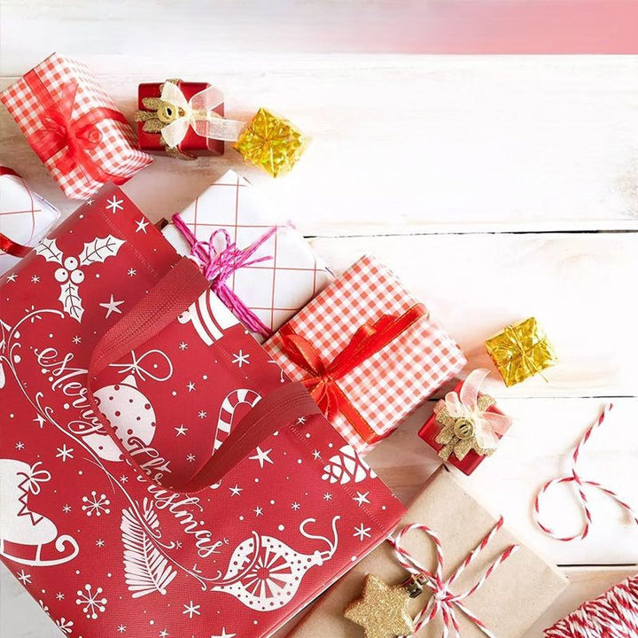 Julig presentpåse i ovävt tyg med slumpmässiga färgglada mönster, perfekt för julklappar, slitstark och återanvändbar accessoar.