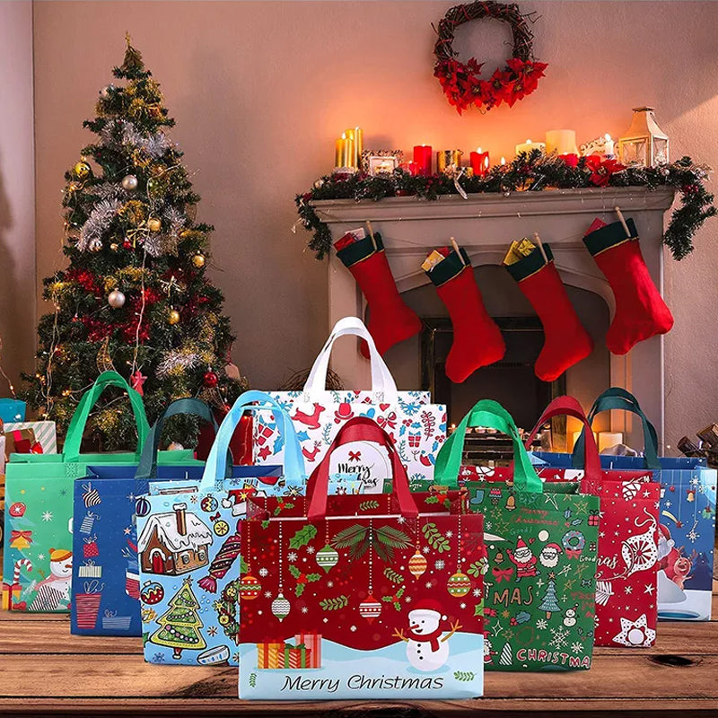 Julig presentpåse i ovävt tyg med slumpmässiga färgglada mönster, perfekt för julklappar, slitstark och återanvändbar accessoar.