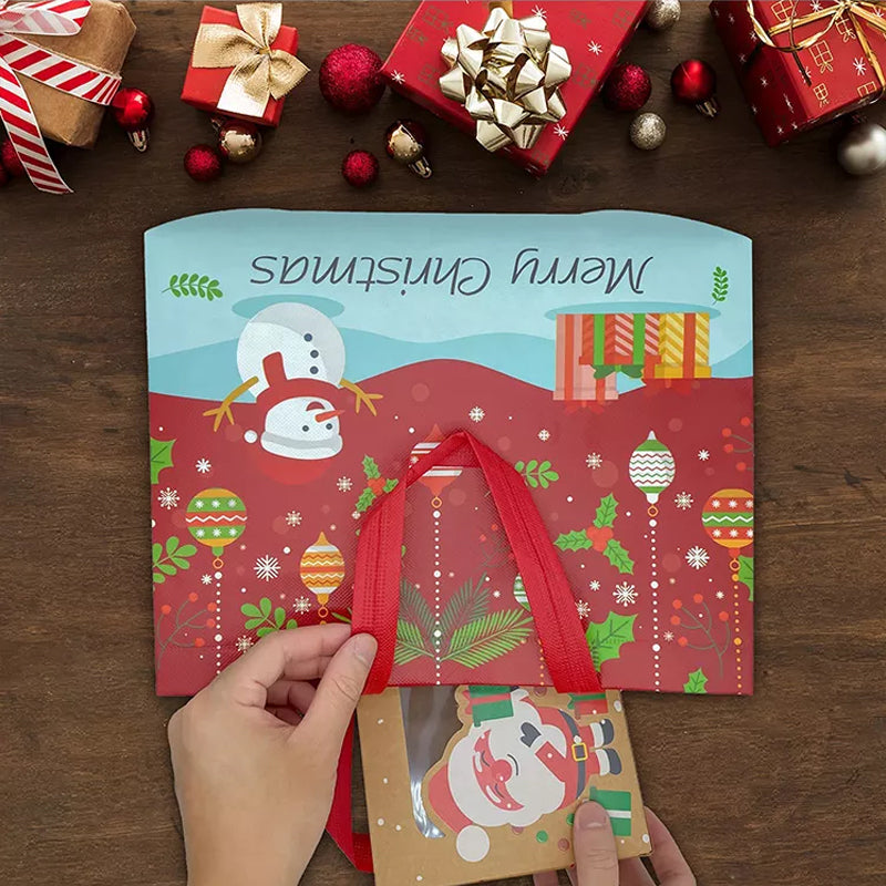 Julig presentpåse i ovävt tyg med slumpmässiga färgglada mönster, perfekt för julklappar, slitstark och återanvändbar accessoar.