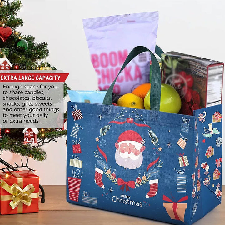 Julig presentpåse i ovävt tyg med slumpmässiga färgglada mönster, perfekt för julklappar, slitstark och återanvändbar accessoar.
