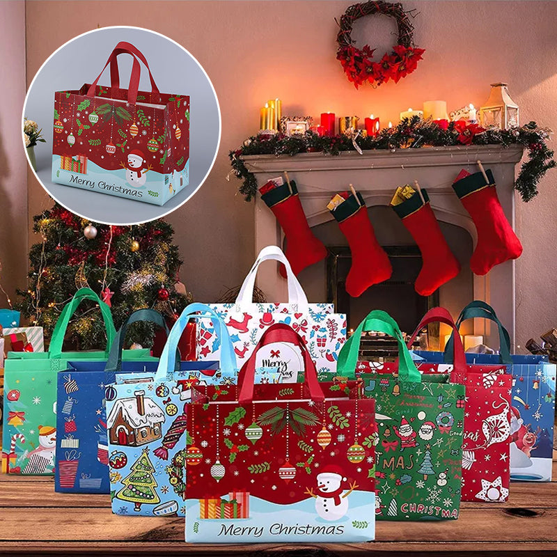 Julig presentpåse i ovävt tyg med slumpmässiga färgglada mönster, perfekt för julklappar, slitstark och återanvändbar accessoar.