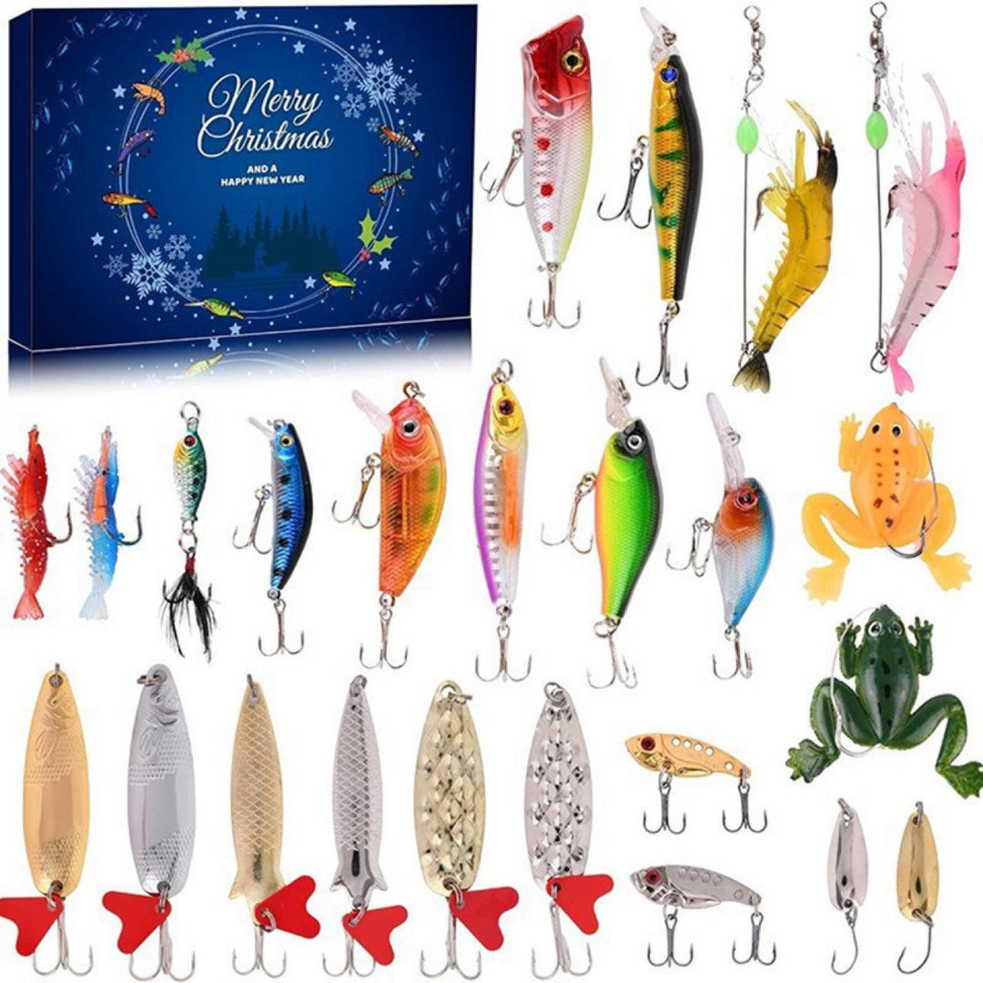 "Julkalendar Fiskeredskap, 24 paket med färgglada fiskedrag och krokar, utställda på brun pappkalender."