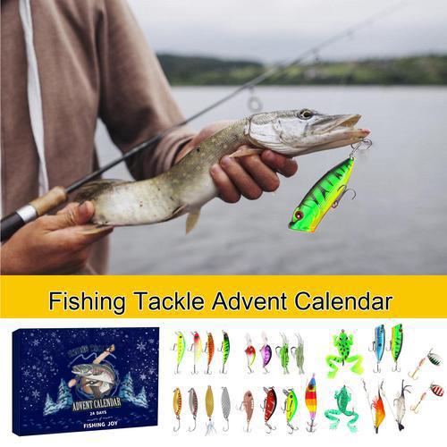 "Julkalendar Fiskeredskap, 24 paket med färgglada fiskedrag och krokar, utställda på brun pappkalender."