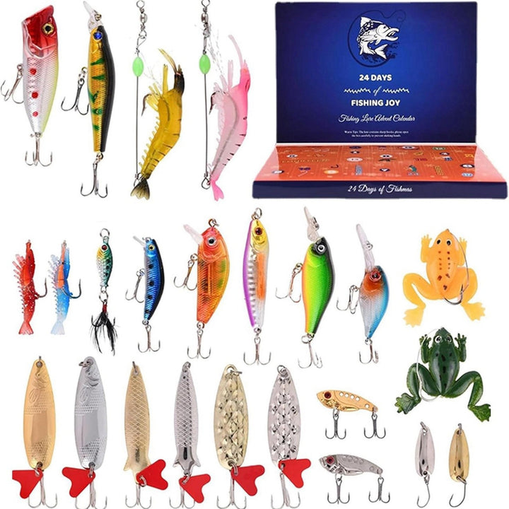 "Julkalendar Fiskeredskap, 24 paket med färgglada fiskedrag och krokar, utställda på brun pappkalender."