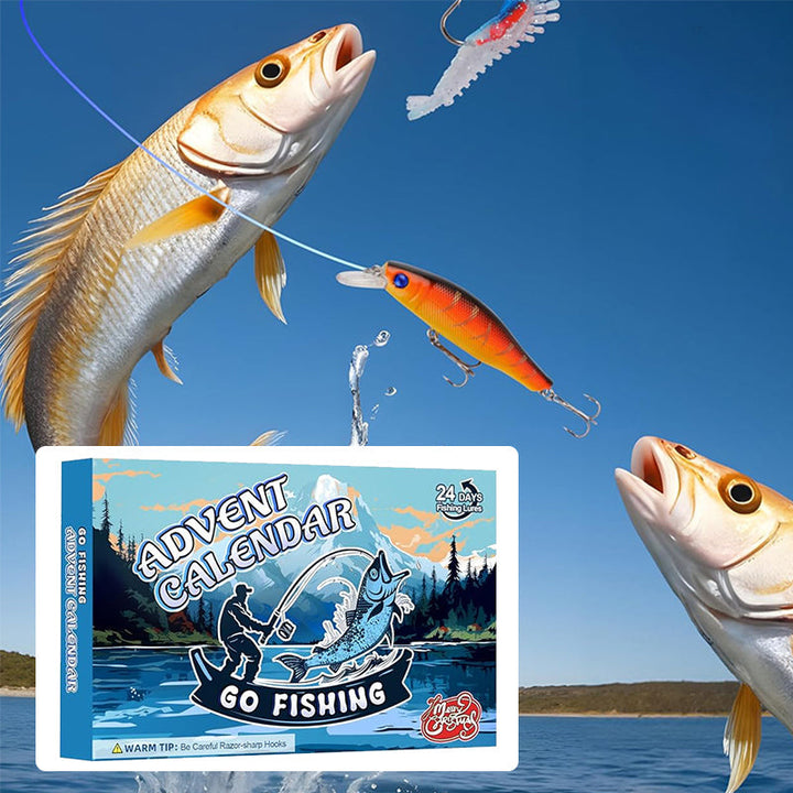 "Julkalendar Fiskeredskap, 24 paket med färgglada fiskedrag och krokar, utställda på brun pappkalender."