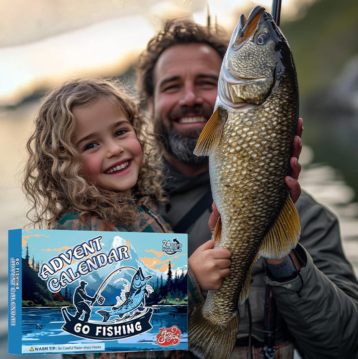 "Julkalendar Fiskeredskap, 24 paket med färgglada fiskedrag och krokar, utställda på brun pappkalender."