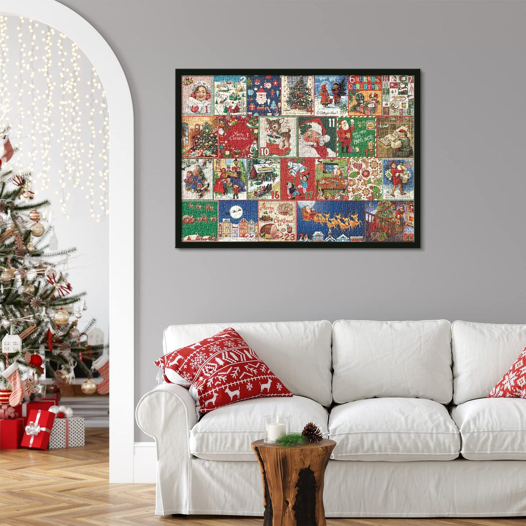 "Julkalender för vuxna med 1000-bitars pussel, visar en detaljrik julbrasa, perfekt för festlig nedräkning."