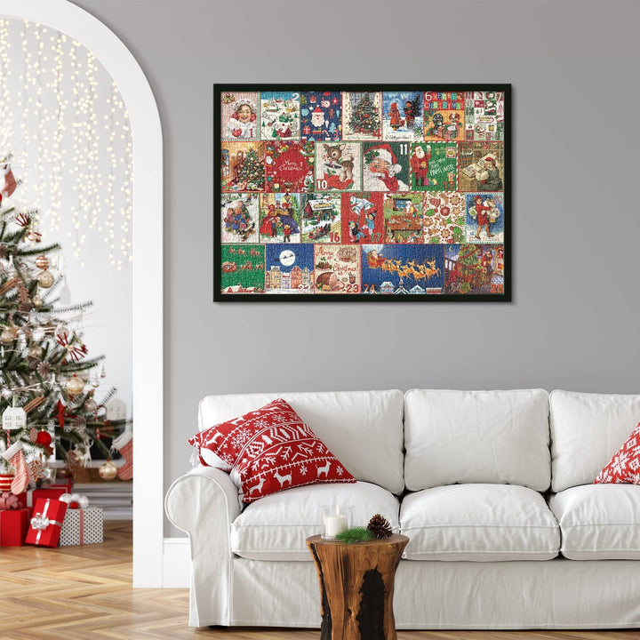 "Julkalender för vuxna med 1000-bitars pussel, visar en detaljrik julbrasa, perfekt för festlig nedräkning."