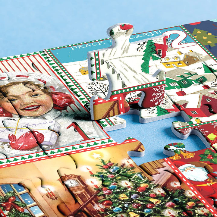 "Julkalender för vuxna med 1000-bitars pussel, visar en detaljrik julbrasa, perfekt för festlig nedräkning."