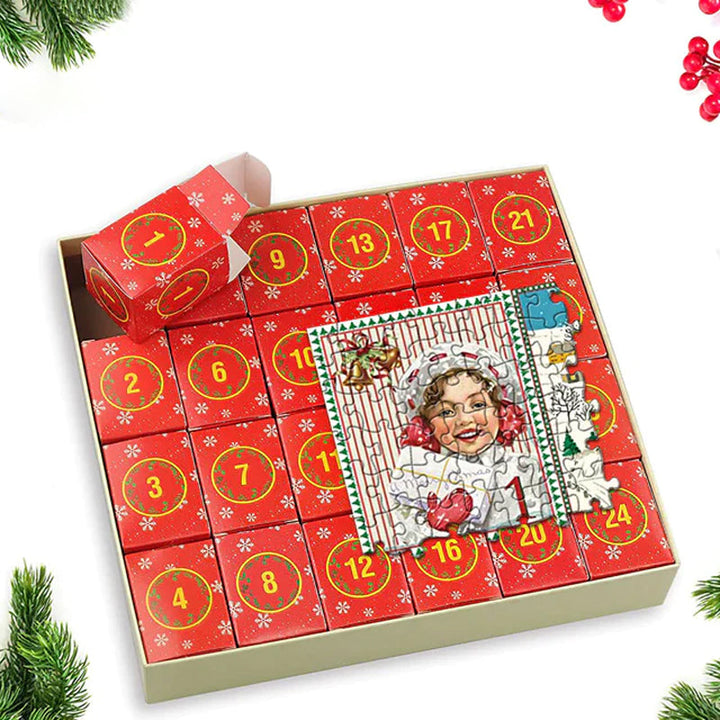 "Julkalender för vuxna med 1000-bitars pussel, visar en detaljrik julbrasa, perfekt för festlig nedräkning."