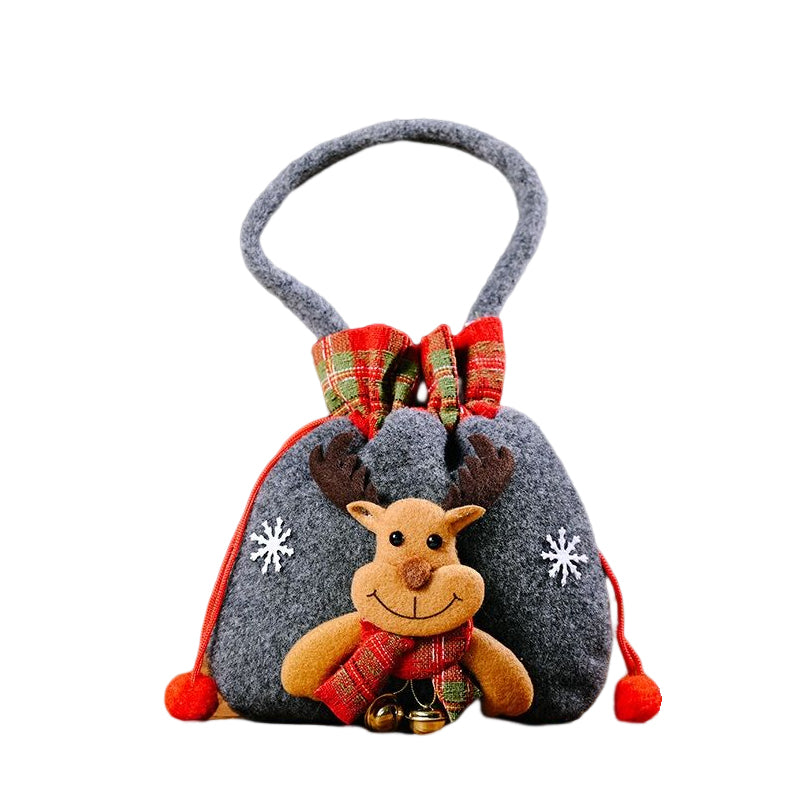 "Julklappspåsar i plysch och burlap med dragsnöre, perfekt för små gåvor, finns i snögubbe, jultomte och renar."