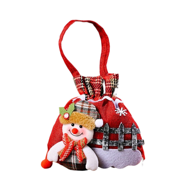 "Julklappspåsar i plysch och burlap med dragsnöre, perfekt för små gåvor, finns i snögubbe, jultomte och renar."
