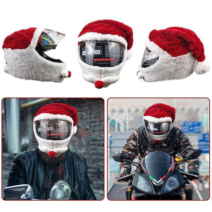 "Julmotorcykelhjälmskydd med tomtemotiv, röd och vit design, ger festlig känsla och skydd under julens motorcykelturer."