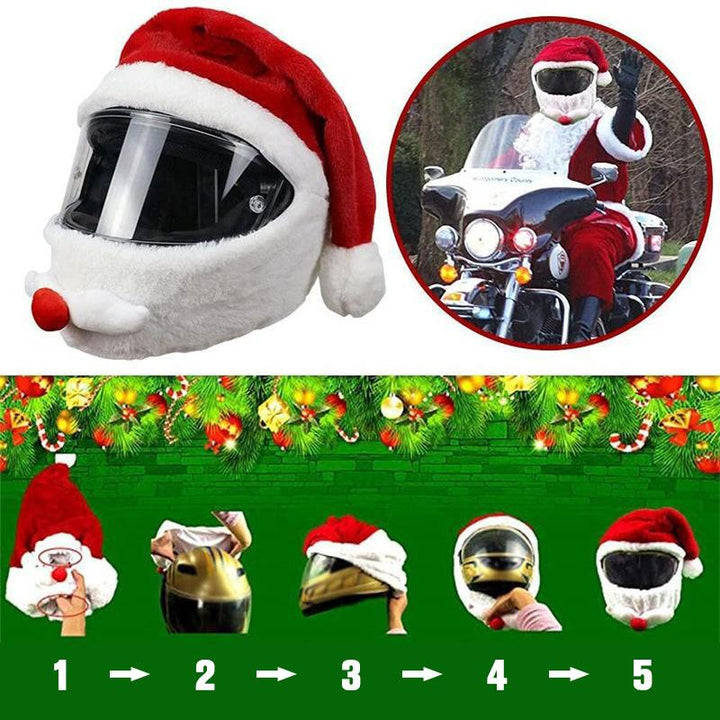 "Julmotorcykelhjälmskydd med tomtemotiv, röd och vit design, ger festlig känsla och skydd under julens motorcykelturer."