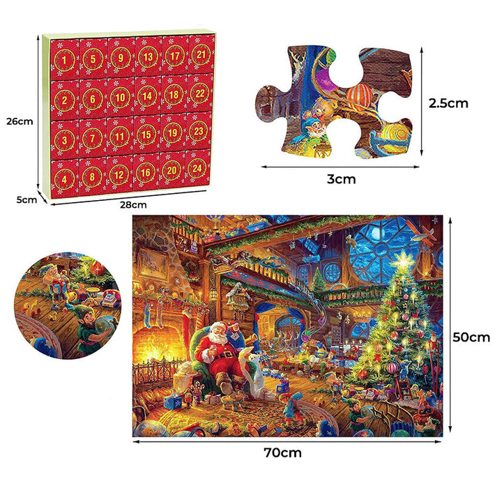 Jul adventskalender med dagliga pusselbitar, visar en färgglad 1008-bitars pusselbild mot en röd bakgrund.