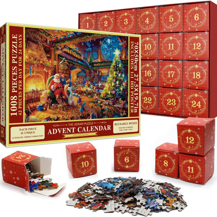 Jul adventskalender med dagliga pusselbitar, visar en färgglad 1008-bitars pusselbild mot en röd bakgrund.