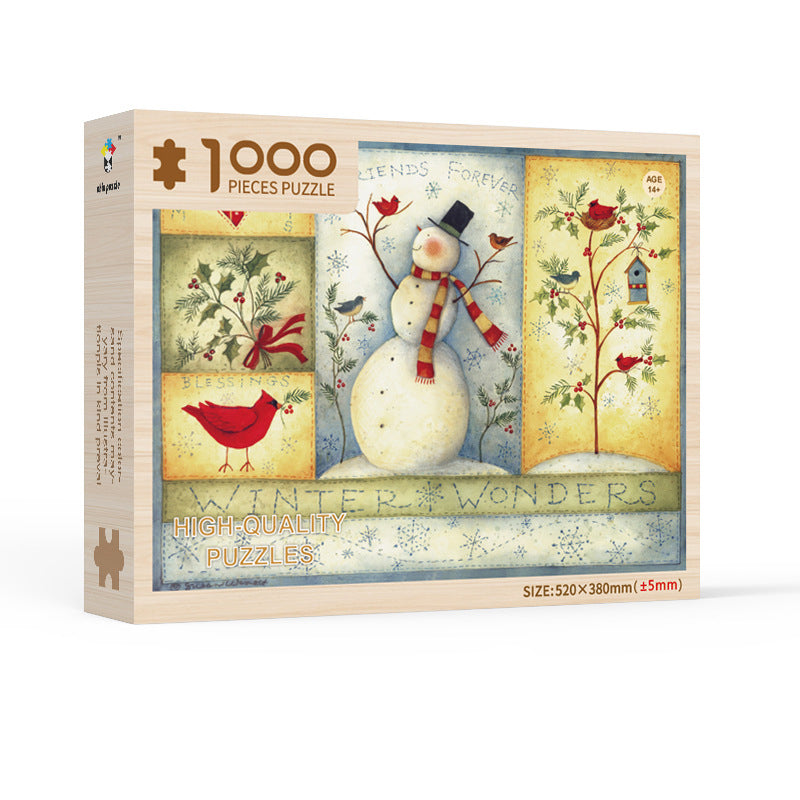 "Julpussel adventskalender med dagliga pusselbitar, bild av färgglada 1008-bitars pusselbitar mot röd bakgrund."