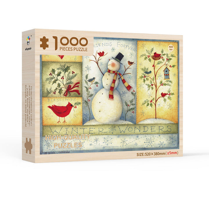 "Julpussel adventskalender med dagliga pusselbitar, bild av färgglada 1008-bitars pusselbitar mot röd bakgrund."