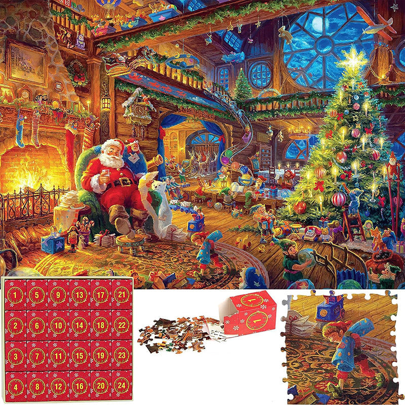 Jul adventskalender med dagliga pusselbitar, visar en färgglad 1008-bitars pusselbild mot en röd bakgrund.