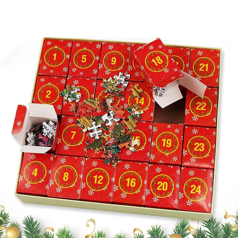 Jul adventskalender med dagliga pusselbitar, visar en färgglad 1008-bitars pusselbild mot en röd bakgrund.