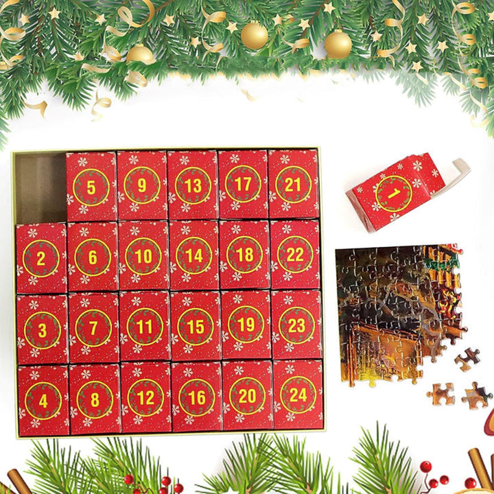 Jul adventskalender med dagliga pusselbitar, visar en färgglad 1008-bitars pusselbild mot en röd bakgrund.
