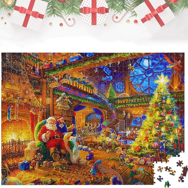 Jul adventskalender med dagliga pusselbitar, visar en färgglad 1008-bitars pusselbild mot en röd bakgrund.