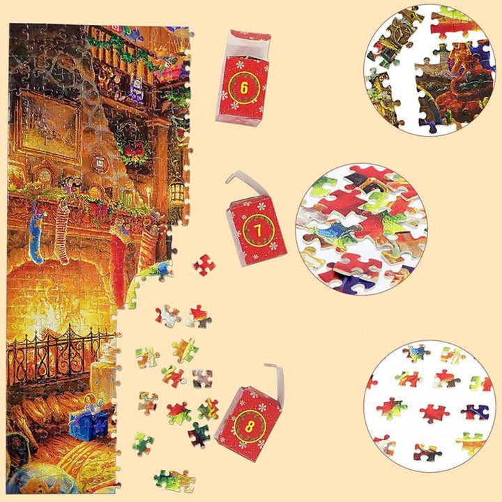 Jul adventskalender med dagliga pusselbitar, visar en färgglad 1008-bitars pusselbild mot en röd bakgrund.