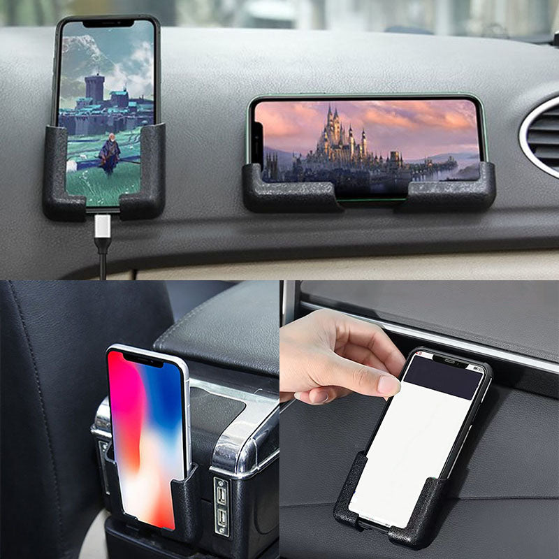 Justerbar biltelefonhållare för instrumentbräda i svart/glad färg, självhäftande bas, hållbar och stötsäker design.