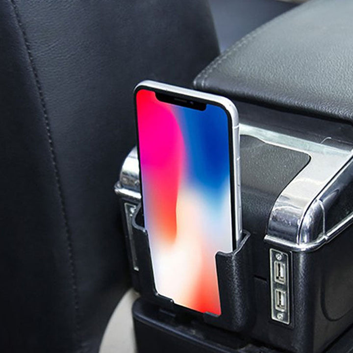 Justerbar biltelefonhållare för instrumentbräda i svart/glad färg, självhäftande bas, hållbar och stötsäker design.