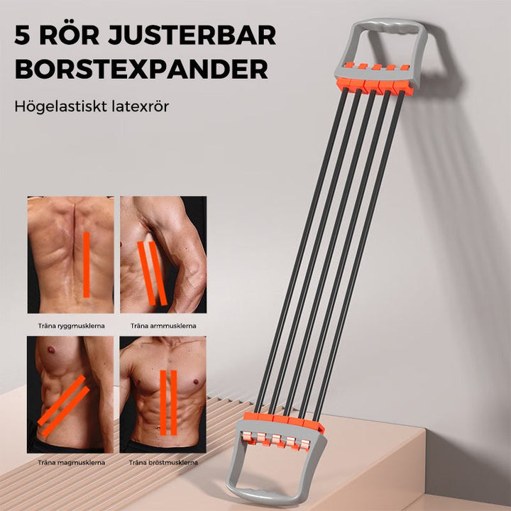 Justerbar bysttränare för överkroppsstyrka i grå och blå färg, med justerbar latexbands-intensitet; portabel och halksäker för hemmaträning.