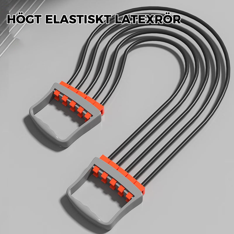 Justerbar bysttränare för överkroppsstyrka i grå och blå färg, med justerbar latexbands-intensitet; portabel och halksäker för hemmaträning.