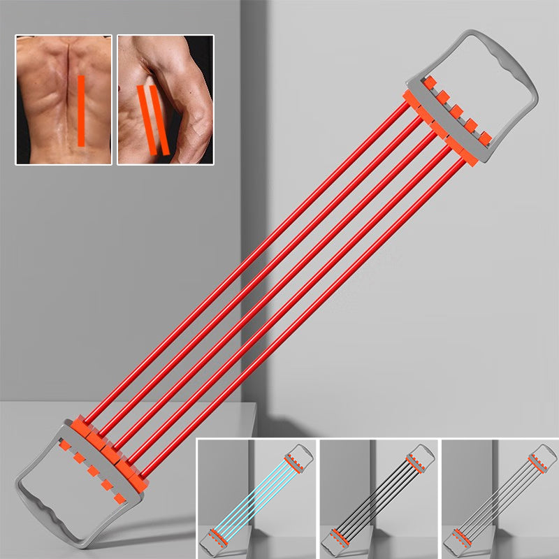 Justerbar bysttränare för överkroppsstyrka i grå och blå färg, med justerbar latexbands-intensitet; portabel och halksäker för hemmaträning.