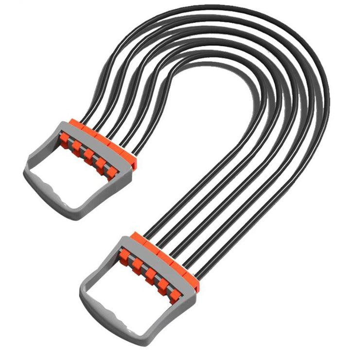 Justerbar bysttränare för överkroppsstyrka i grå och blå färg, med justerbar latexbands-intensitet; portabel och halksäker för hemmaträning.