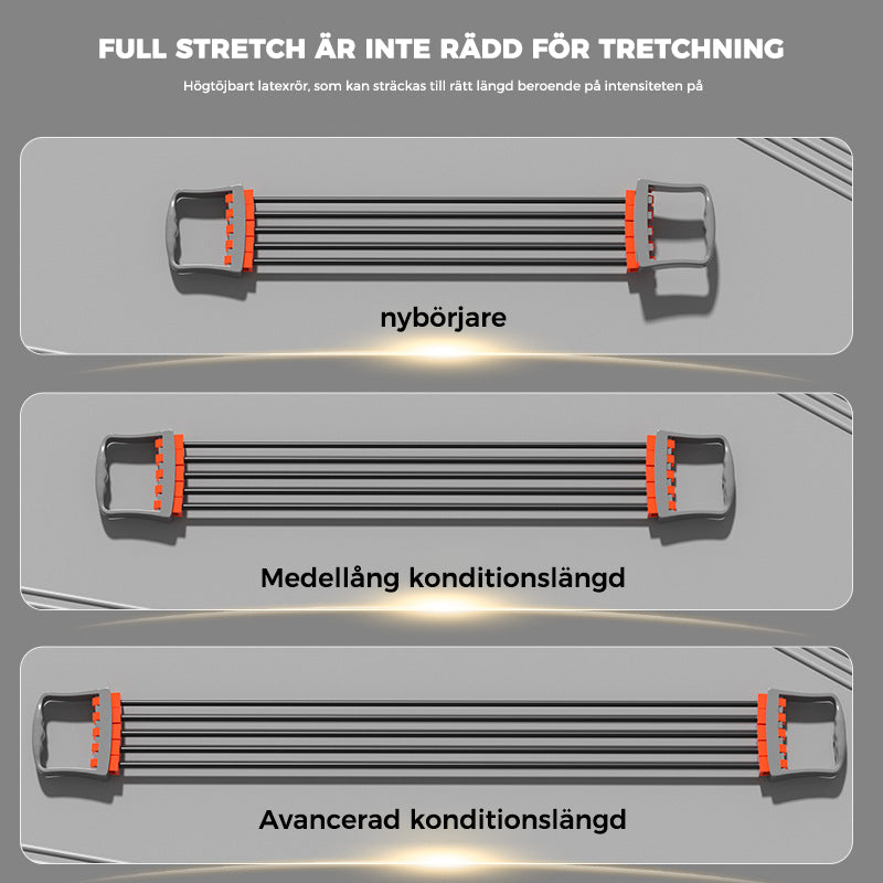 Justerbar bysttränare för överkroppsstyrka i grå och blå färg, med justerbar latexbands-intensitet; portabel och halksäker för hemmaträning.