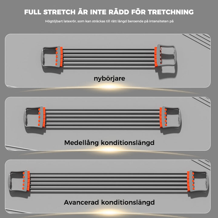 Justerbar bysttränare för överkroppsstyrka i grå och blå färg, med justerbar latexbands-intensitet; portabel och halksäker för hemmaträning.