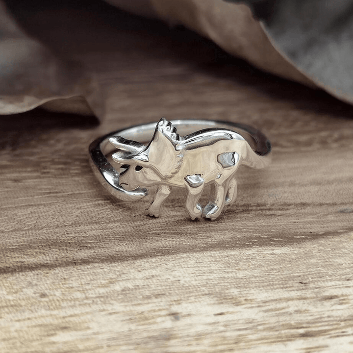 "Justerbar dinosauriering i silver med dinosauriemotiv; elegant, lekfull och perfekt för dinosaurieälskare."