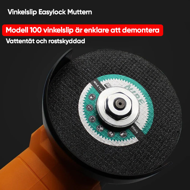 Justerbar Easylock mutter i kolstål för vinkelslip, kompakt och hållbar. Perfekt för polering och skärning.