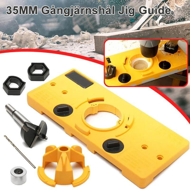 Justerbar gul 35 mm håljigguide för träbearbetning, perfekt för exakt borrning av gångjärnshål. Enkel att använda hemma.