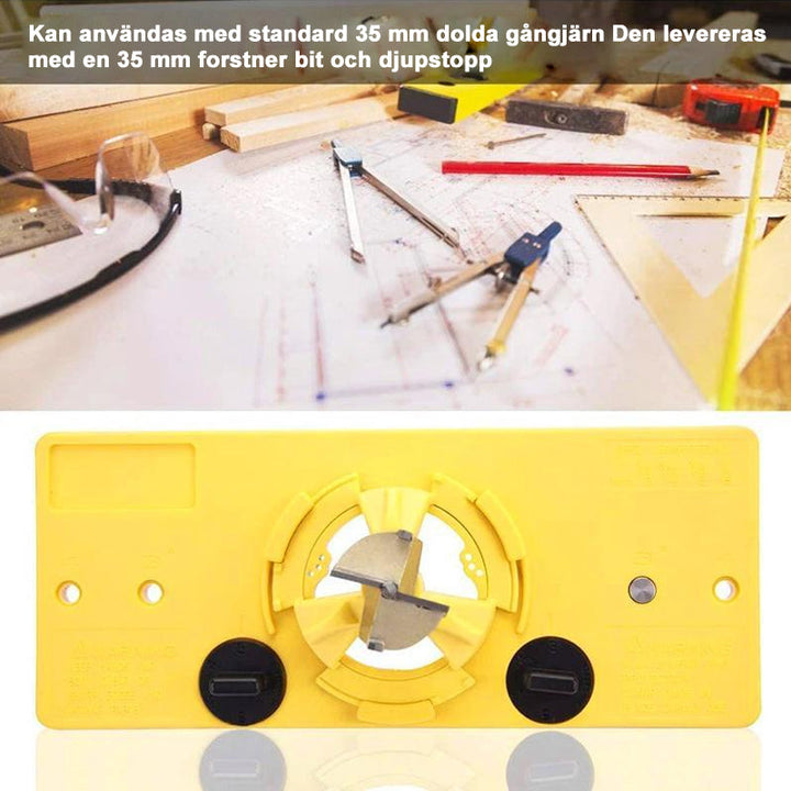 Justerbar gul 35 mm håljigguide för träbearbetning, perfekt för exakt borrning av gångjärnshål. Enkel att använda hemma.